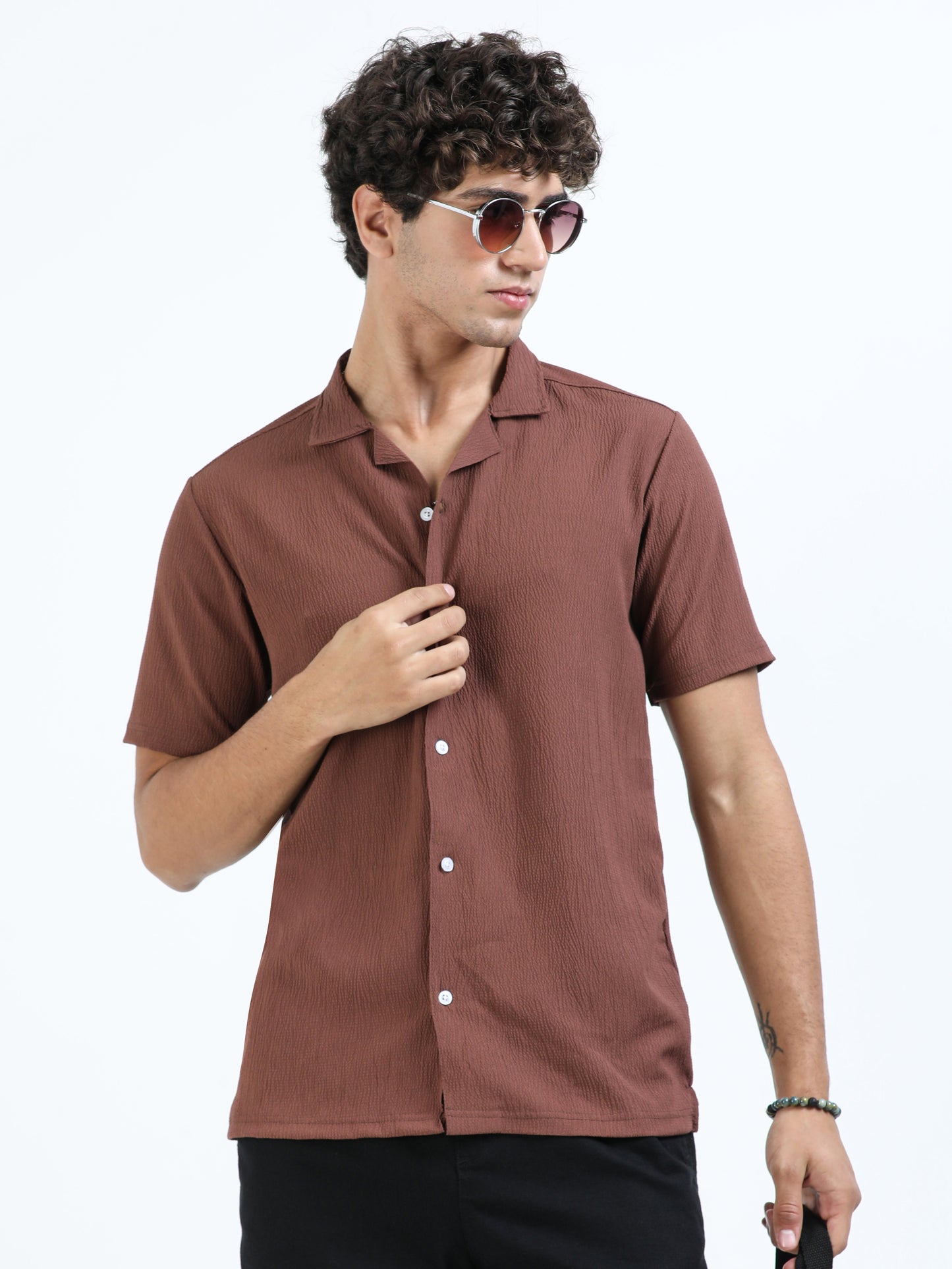 Brown Cuban Collar Shirt